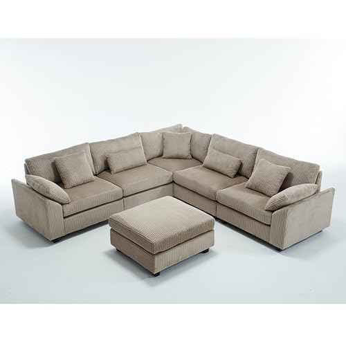 Oversized Corner Modular Sectional Sofa Set, L-Shaped Couch with Movable Ottoman and 7 Pillows, Corduroy Fabric Deep Seat 6 Seater Cloud Couch (Beige) T556085