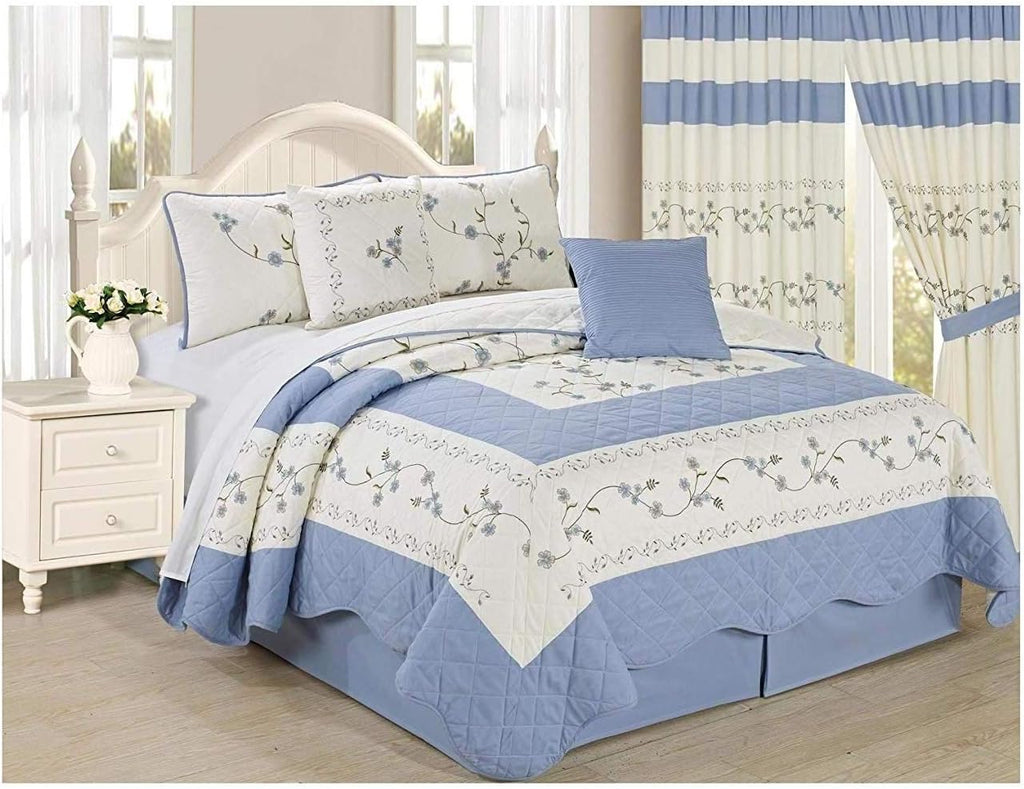 6pc Embroidered Floral Bedspread Quilt Set Queen Size Light Blue B916199