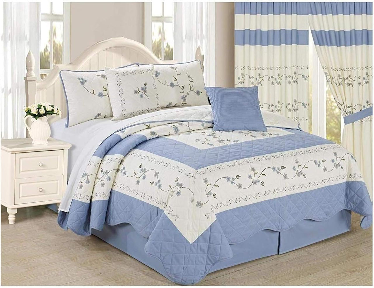 6pc Embroidered Floral Bedspread Quilt Set Queen Size Light Blue B916199