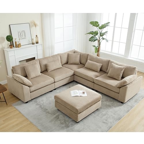 Oversized Corner Modular Sectional Sofa Set, L-Shaped Couch with Movable Ottoman and 7 Pillows, Corduroy Fabric Deep Seat 6 Seater Cloud Couch (Beige) T556085