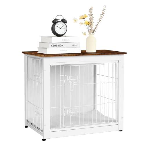 Dog Crate Furniture with Cushion, Wooden Kennel Table with Double Doors, Dark Gray Q78540