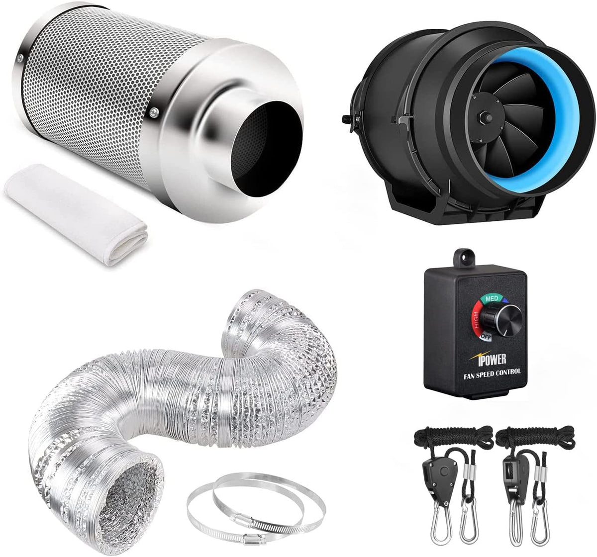 4 Inch 118 CFM Inline Fan Carbon Filter 8 Feet Ducting Combo U1389