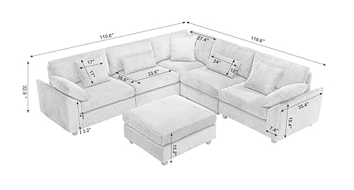 Oversized Corner Modular Sectional Sofa Set, L-Shaped Couch with Movable Ottoman and 7 Pillows, Corduroy Fabric Deep Seat 6 Seater Cloud Couch (Beige) T556085
