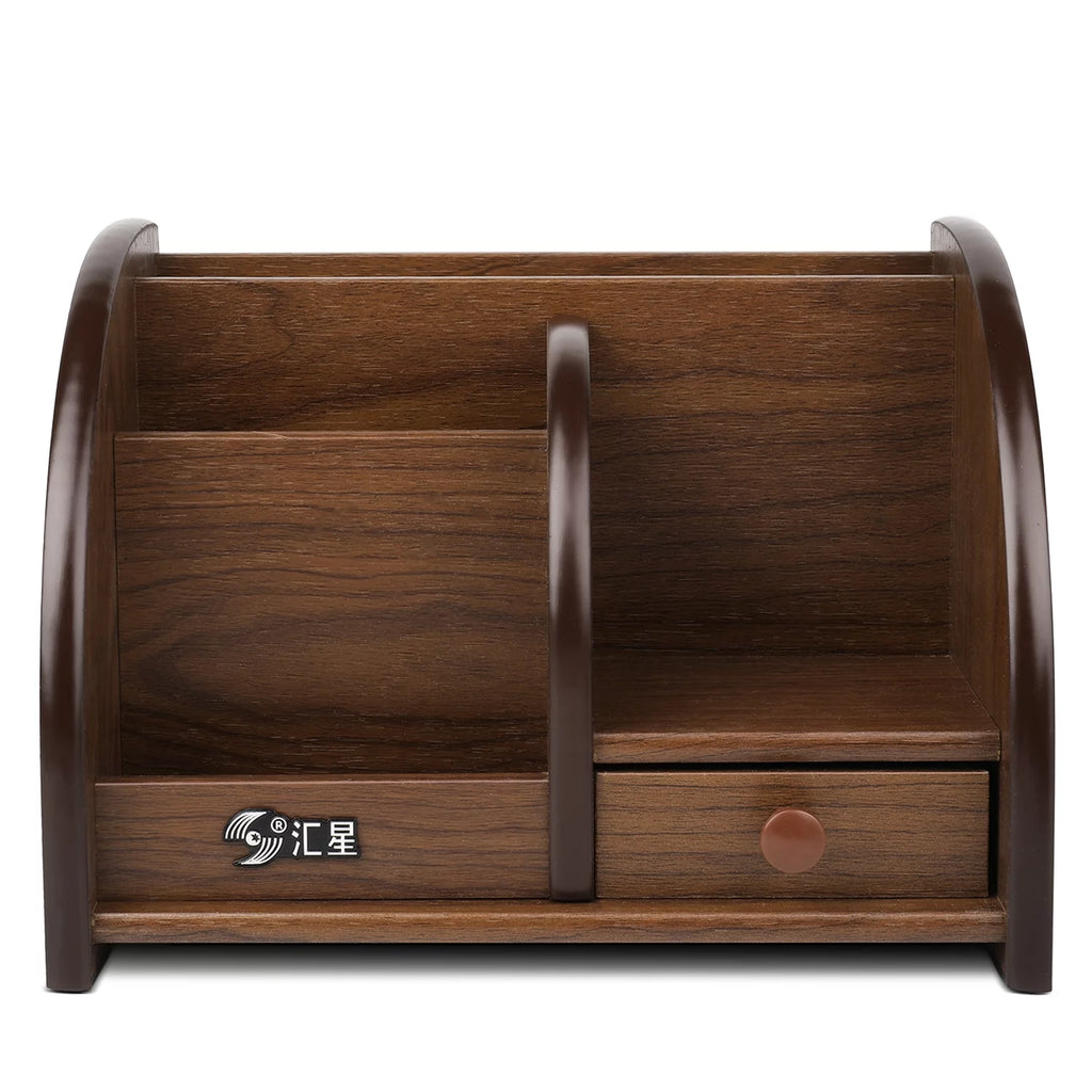 Wooden Remote Control Holder Caddy Desktop Organizer with Drawers Cherry Brown S2793