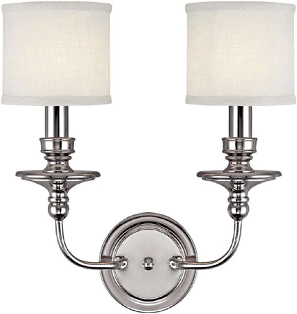 Polished Nickel Wall Sconce with White Fabric Shades F3195