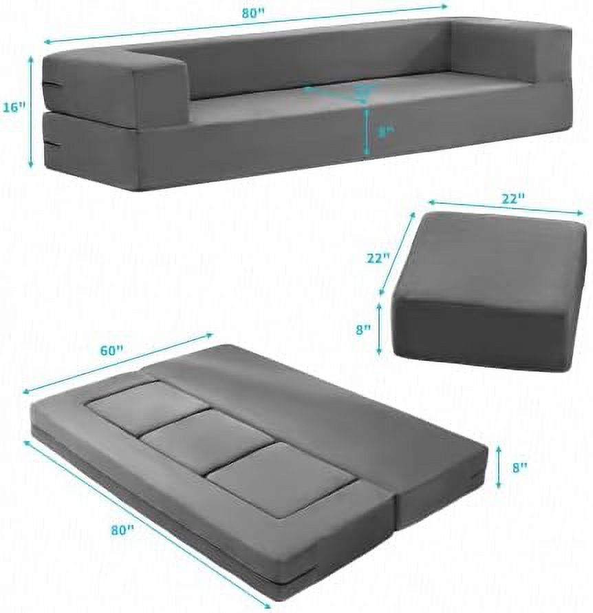 Velvet Convertible Floor Sofa Bed with 3 Ottomans Memory Foam Pull Out Couch C896