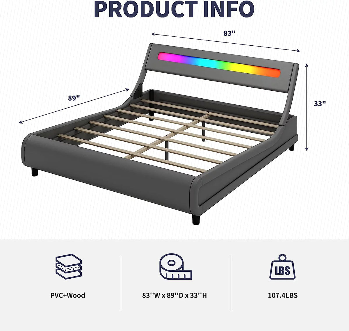 King Size Grey PVC Upholstered Platform Bed Frame J557855
