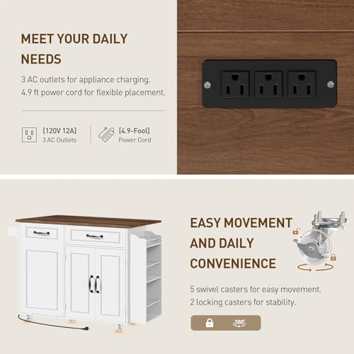 White and Walnut Kitchen Island with Power Outlet and Drop Leaf C73146