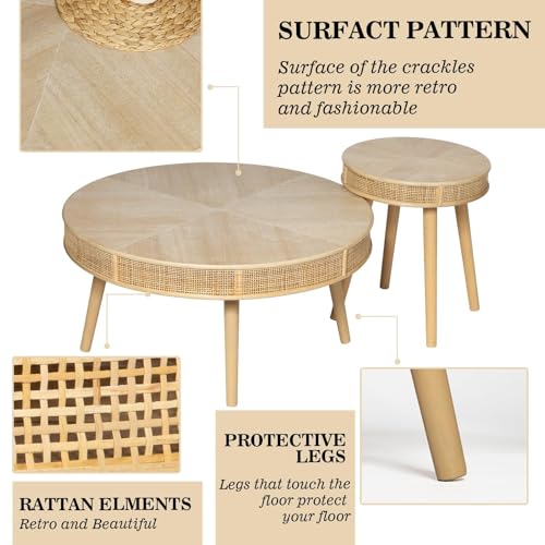 Round Coffee Table Set with Rattan, Natural, 2Pack H357