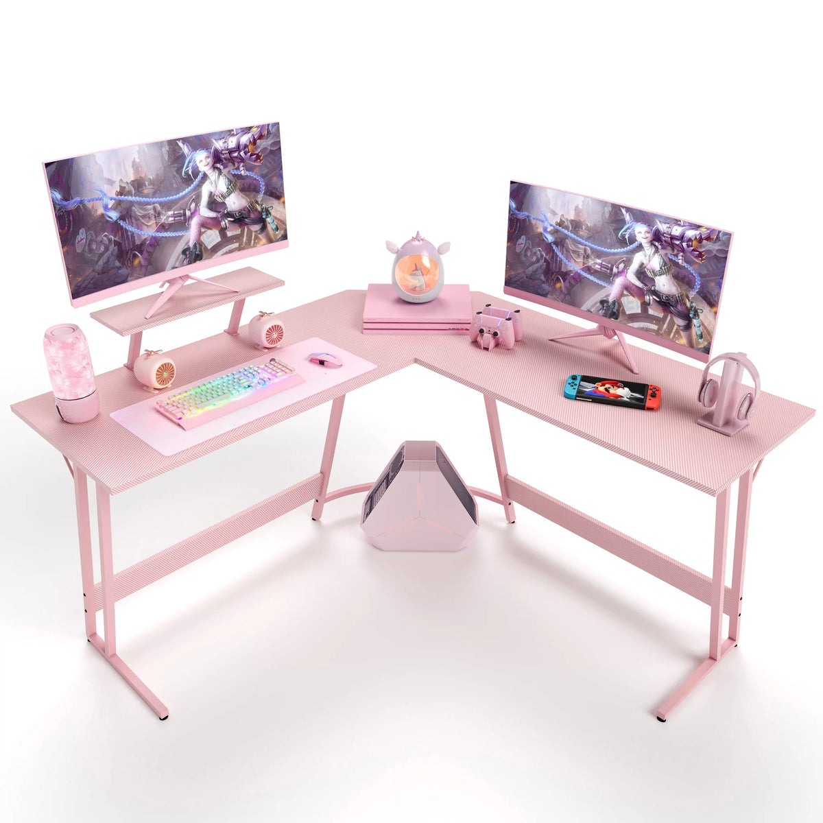 Pink L-Shaped Gaming Desk with Monitor Riser V796191