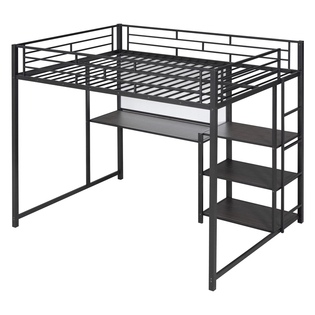 Full Size Black Metal Loft Bed with Desk and Whiteboard P765847