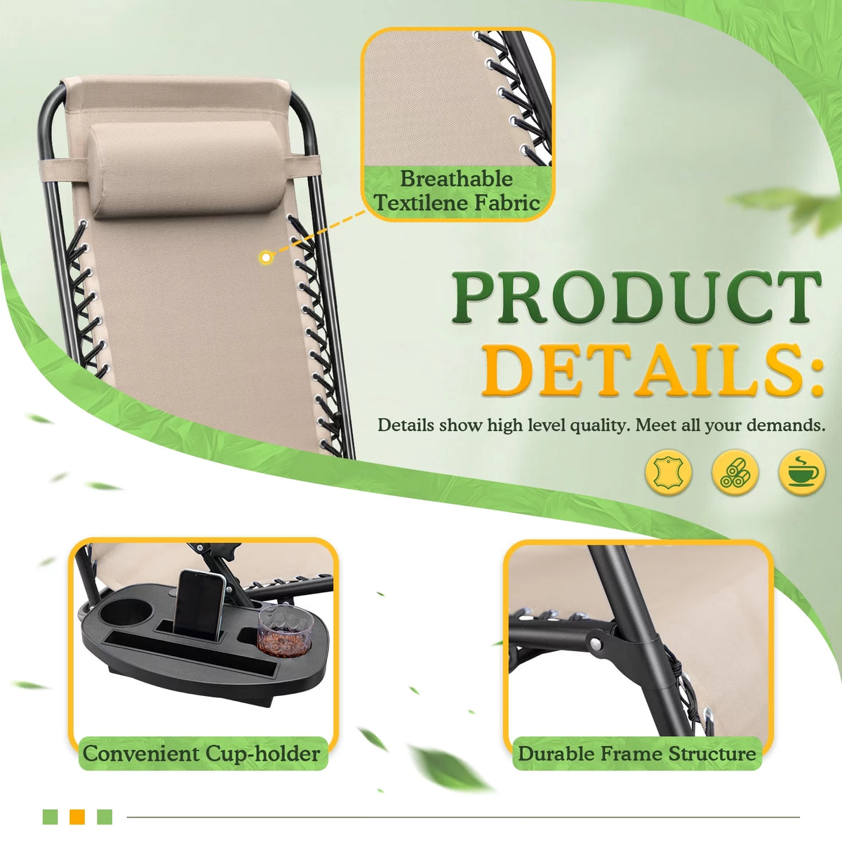 Beige Zero Gravity Foldable Lounge Chair Pack of 2 J570580
