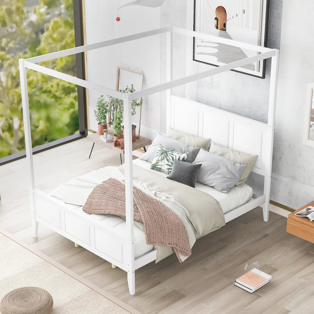 Queen Size Canopy Platform Bed with Headboard and Footboard White A4587