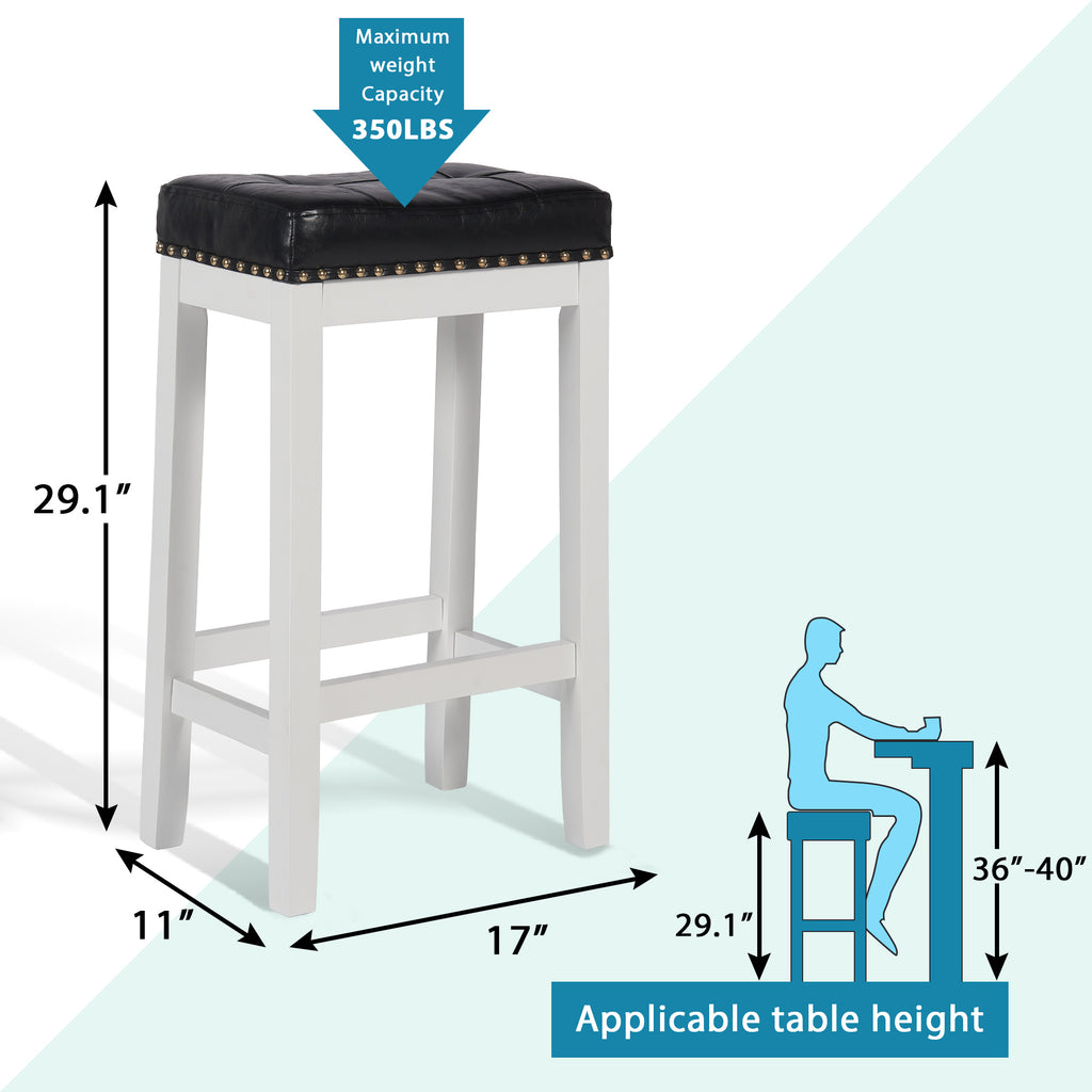 29 Inch Bar Stools Set of 2 PU Leather Solid Wooden Saddle Stool White W71109