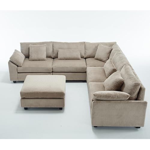Oversized Corner Modular Sectional Sofa Set, L-Shaped Couch with Movable Ottoman and 7 Pillows, Corduroy Fabric Deep Seat 6 Seater Cloud Couch (Beige) T556085