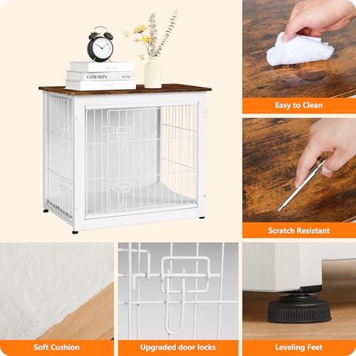 Dog Crate Furniture with Cushion, Wooden Kennel Table with Double Doors, Dark Gray Q78540
