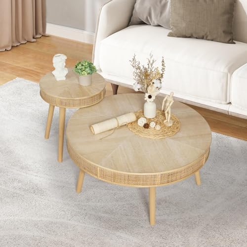 Round Coffee Table Set with Rattan, Natural, 2Pack H357