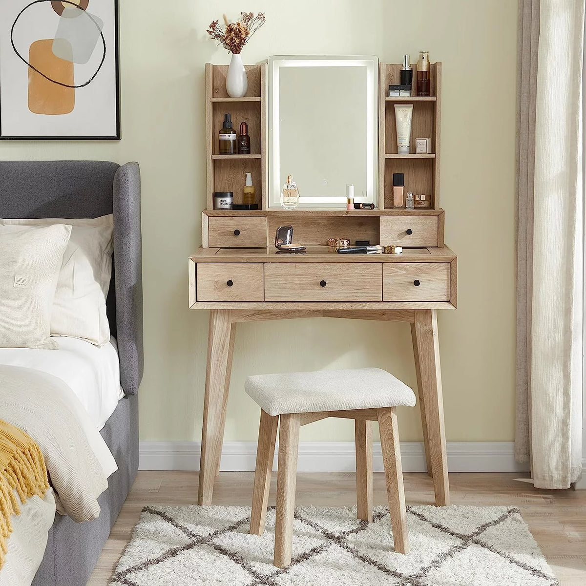 Vanity Set with Lighted Mirror and Cushioned Stool I921470