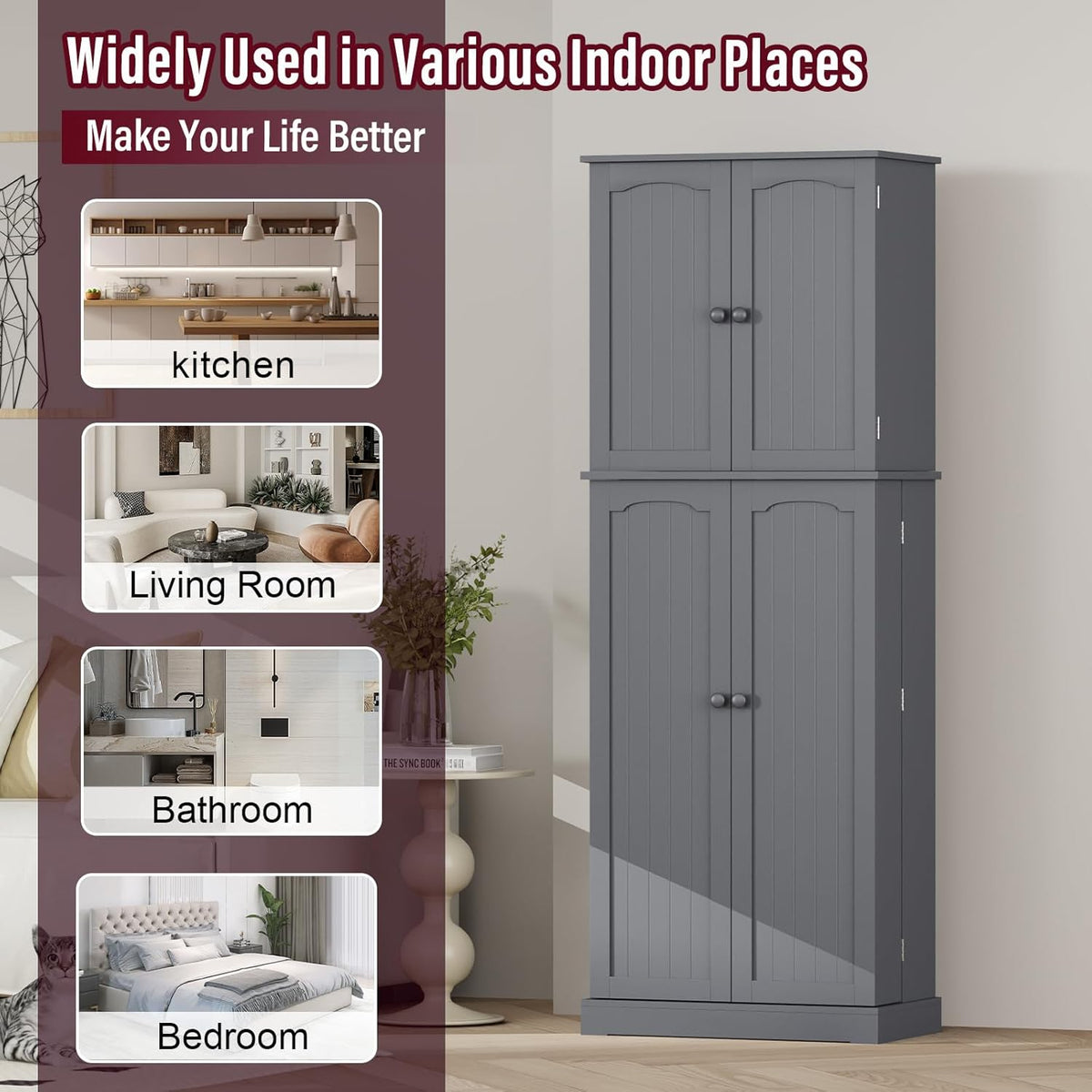 Gray Tall Freestanding Kitchen Pantry Cabinet with Doors and Shelves Q401548