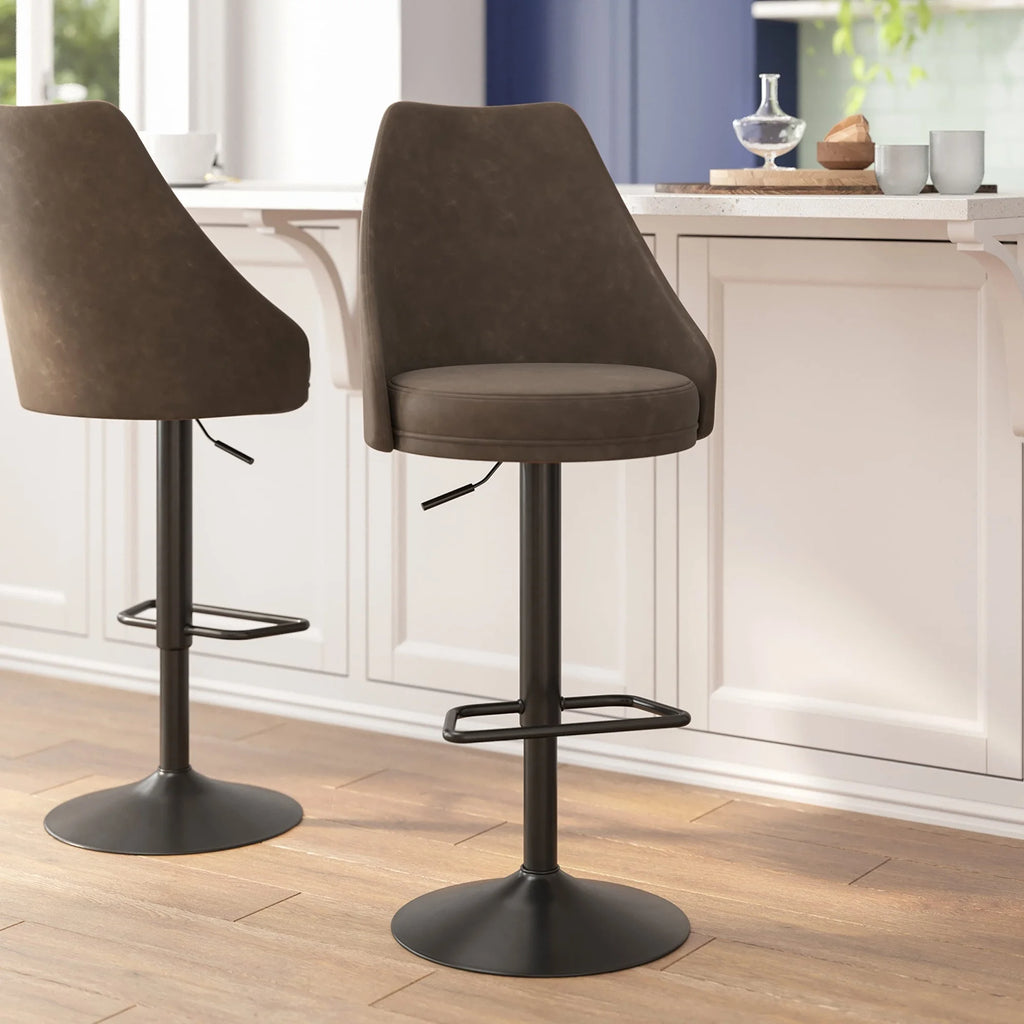 Set of 2 Adjustable Height Barstools with Upholstered Seats and Footring, Brown S17008