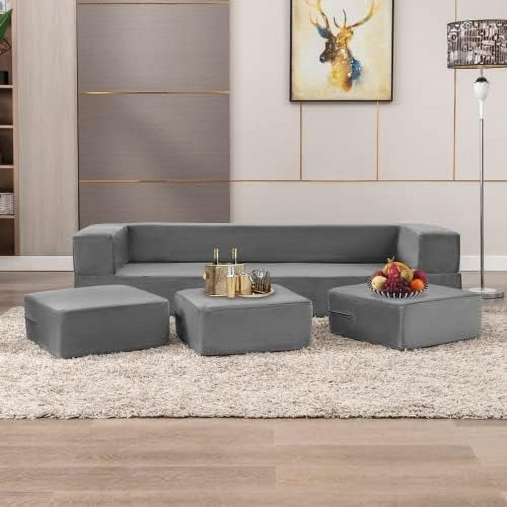 Velvet Convertible Floor Sofa Bed with 3 Ottomans Memory Foam Pull Out Couch C896