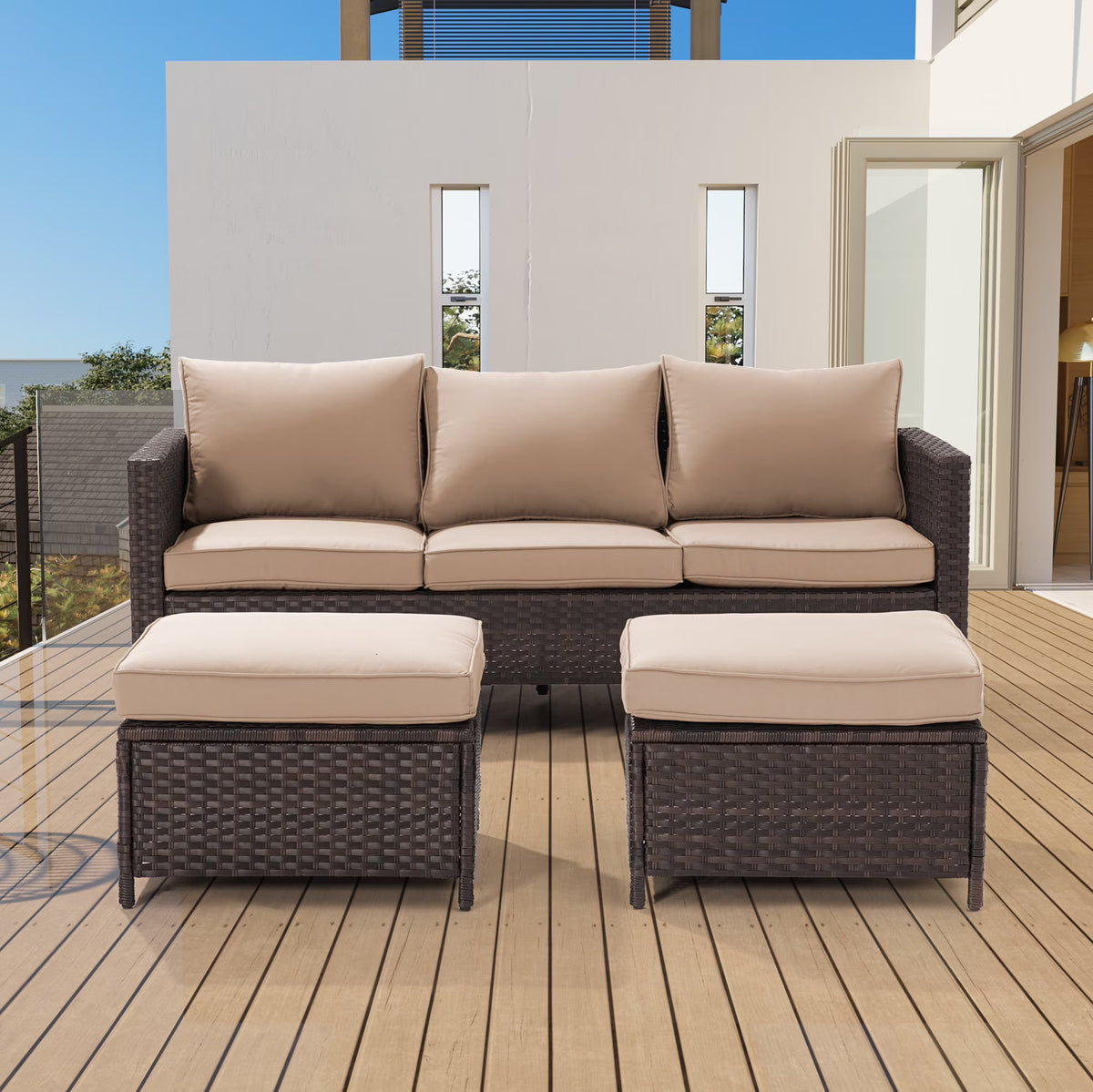 3-Piece Rattan Patio Sofa Set with Ottomans P681585