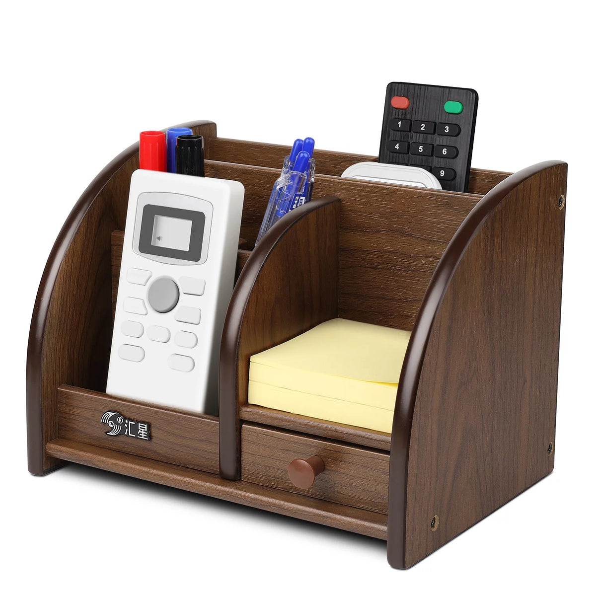 Wooden Remote Control Holder Caddy Desktop Organizer with Drawers Cherry Brown S2793