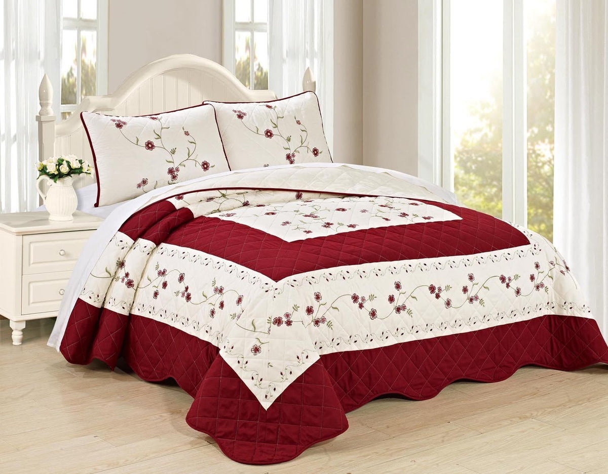 6pc Embroidered Floral Bedspread Quilt Set Queen Size Light Blue B916199