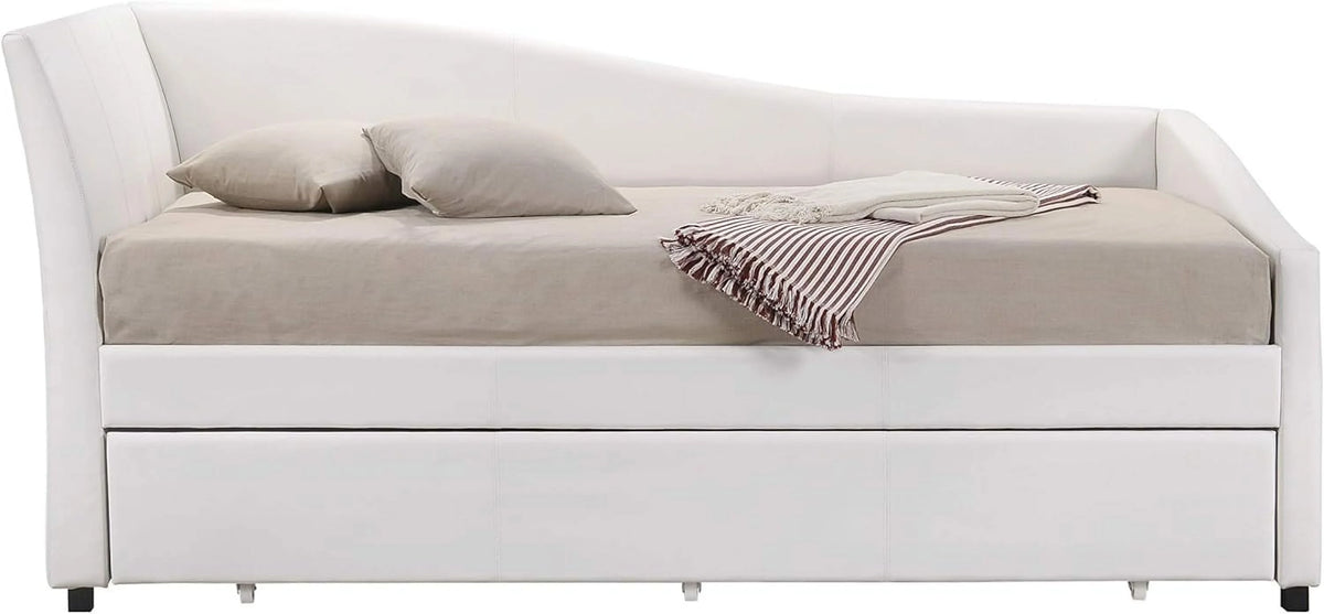 White Faux Leather Upholstered Daybed with Trundle J3579