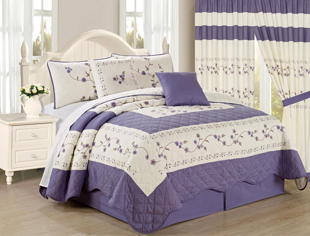 6pc Embroidered Floral Bedspread Quilt Set Queen Size Light Blue B916199