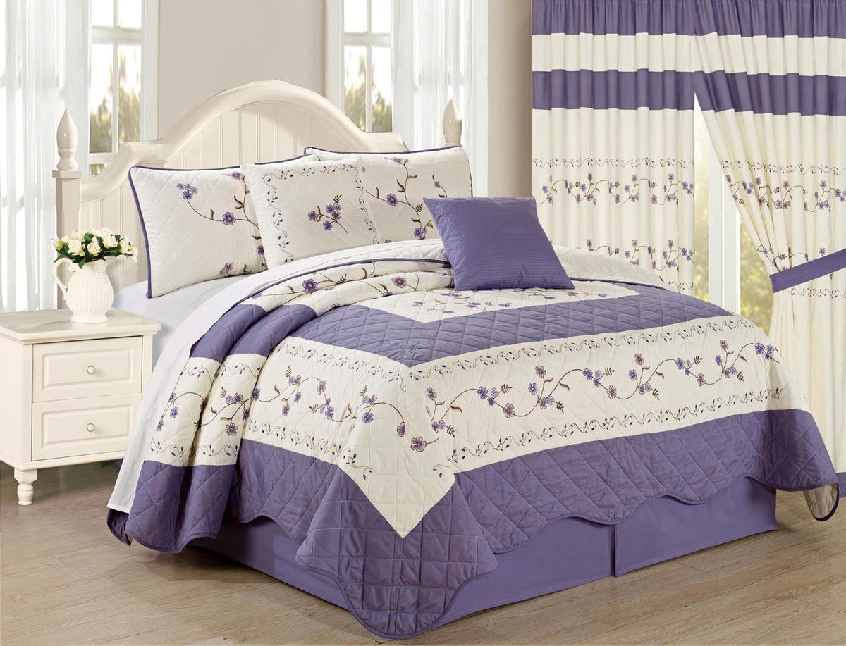 6pc Embroidered Floral Bedspread Quilt Set Queen Size Light Blue B916199