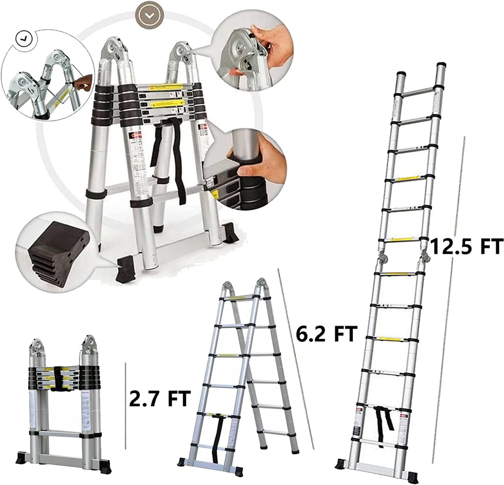 Telescoping 2 in 1 Extension Ladder, 6 FT Herringbone & 12 FT Straight, Lightweight Collapsible with Stabilizer Bar M42316