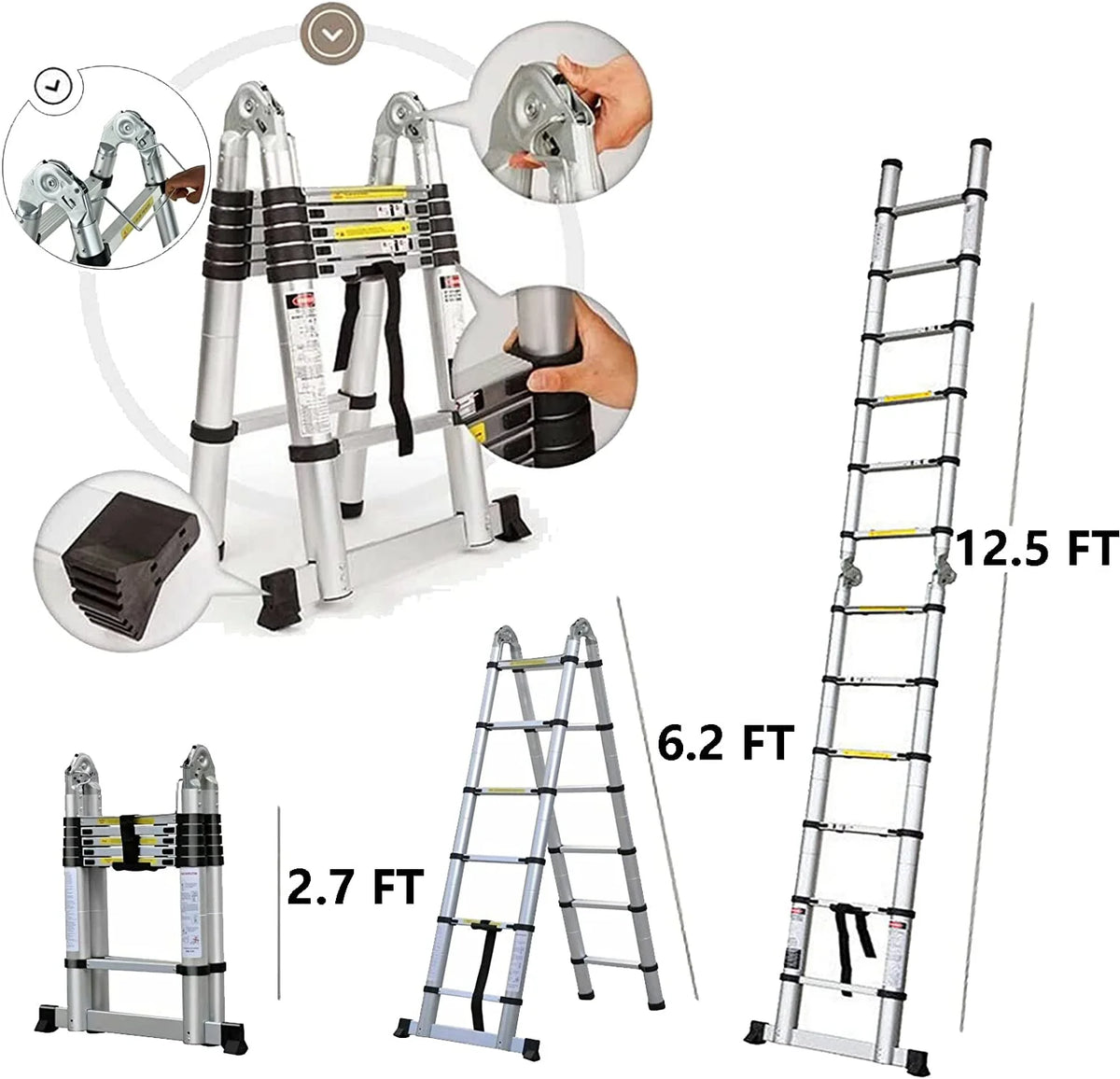Telescoping 2 in 1 Extension Ladder, 6 FT Herringbone & 12 FT Straight, Lightweight Collapsible with Stabilizer Bar M42316