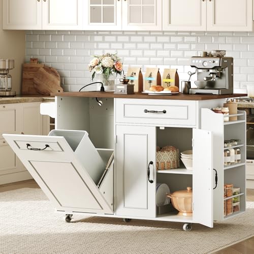 White and Walnut Kitchen Island with Power Outlet and Drop Leaf C73146