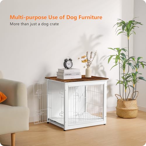Dog Crate Furniture with Cushion, Wooden Kennel Table with Double Doors, Dark Gray Q78540