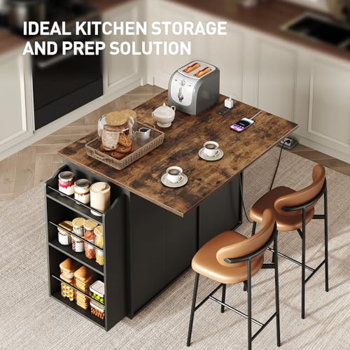 White and Walnut Kitchen Island with Power Outlet and Drop Leaf C73146
