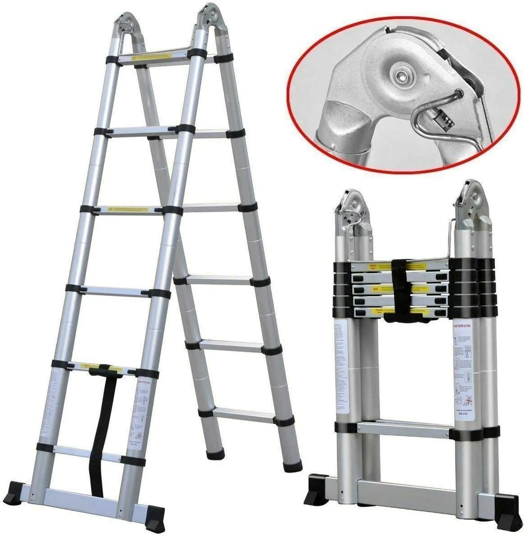 Telescoping 2 in 1 Extension Ladder, 6 FT Herringbone & 12 FT Straight, Lightweight Collapsible with Stabilizer Bar M42316