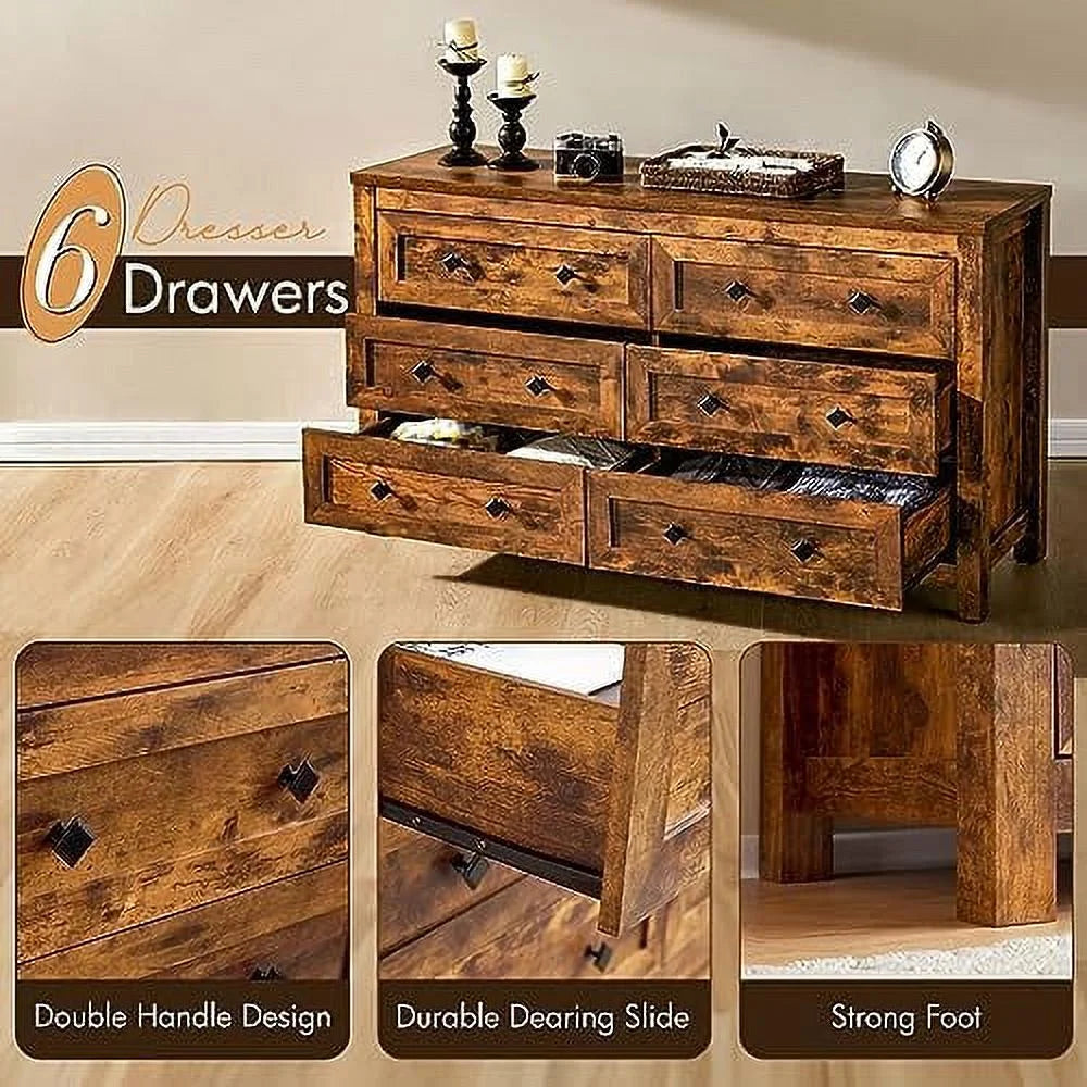6 Drawer Wood Dresser with Vintage Grain Texture A7241
