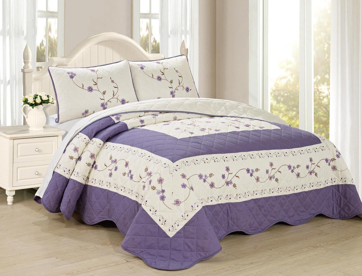6pc Embroidered Floral Bedspread Quilt Set Queen Size Light Blue B916199