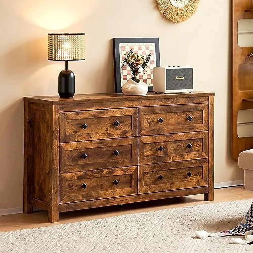 6 Drawer Wood Dresser with Vintage Grain Texture A7241