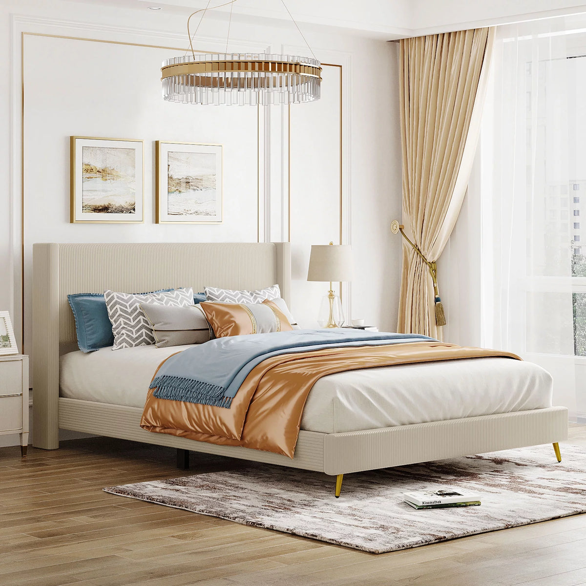 Queen Size Beige Corduroy Upholstered Platform Bed with Headboard A8454