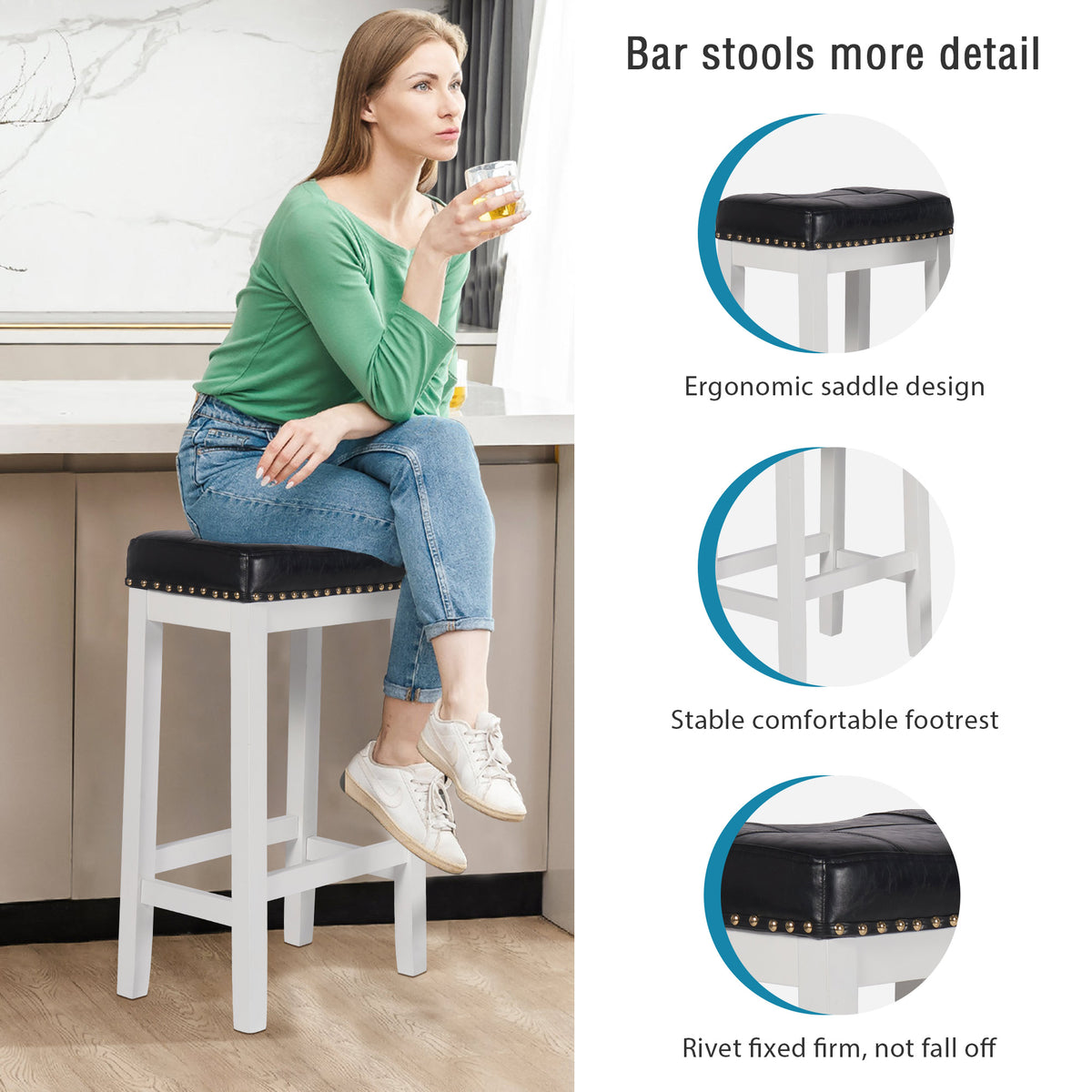 29 Inch Bar Stools Set of 2 PU Leather Solid Wooden Saddle Stool White W71109