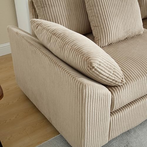 Oversized Corner Modular Sectional Sofa Set, L-Shaped Couch with Movable Ottoman and 7 Pillows, Corduroy Fabric Deep Seat 6 Seater Cloud Couch (Beige) T556085
