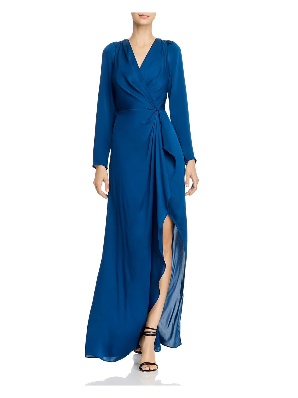 Teal Slitted Long Sleeve V Neck Maxi Faux Wrap Dress C438282
