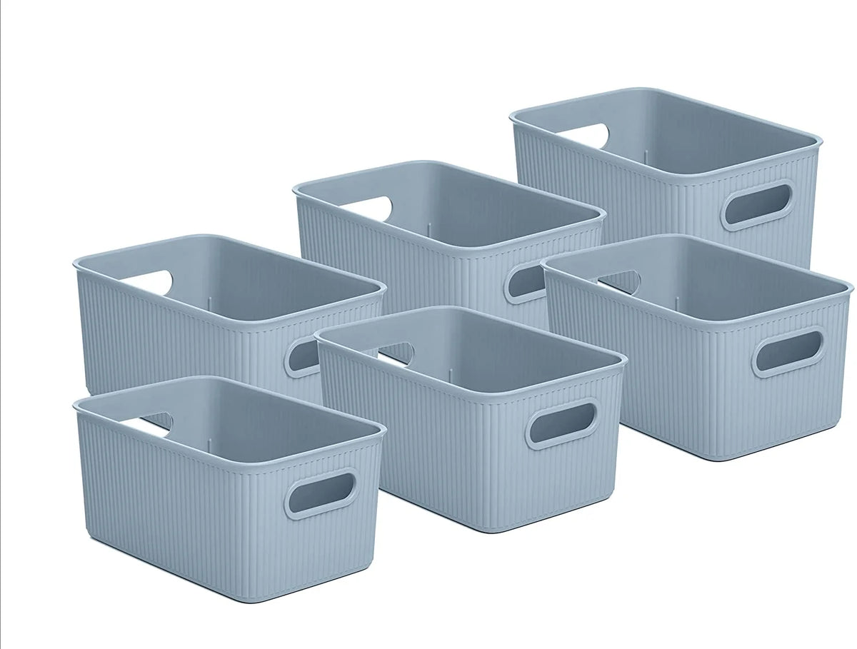 Blue 6 Pack Ribbed Plastic Storage Basket Organizer I464