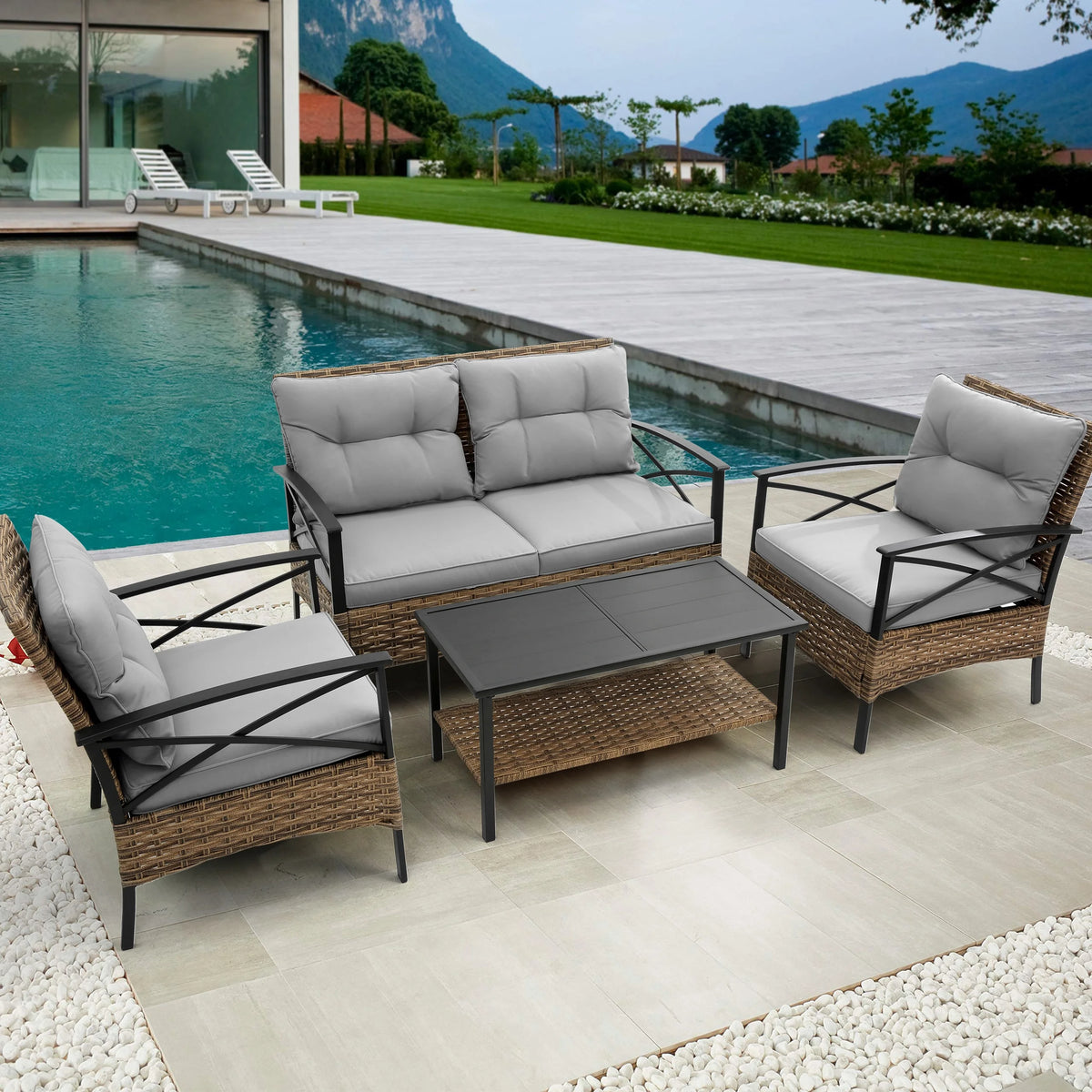 4 Piece Grey Wicker Sofa Set with Cushions X6616