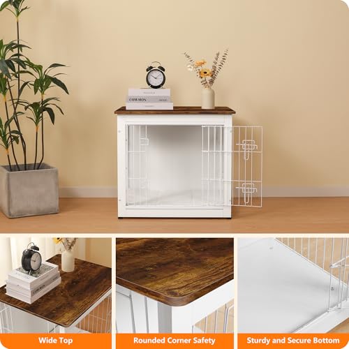 Dog Crate Furniture with Cushion, Wooden Kennel Table with Double Doors, Dark Gray Q78540