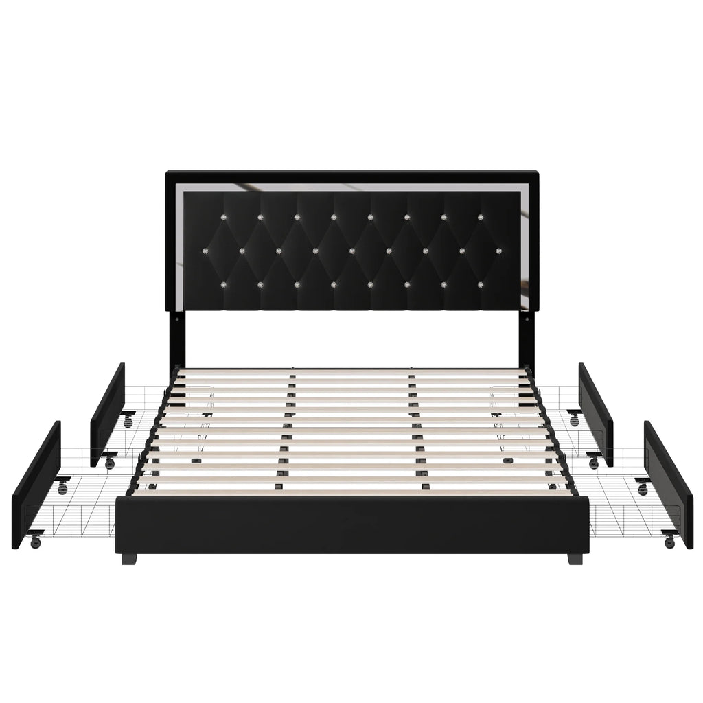King Size Storage Bed with 4 Drawers, Black Upholstered Platform Bed Frame with Adjustable Headboard W768509
