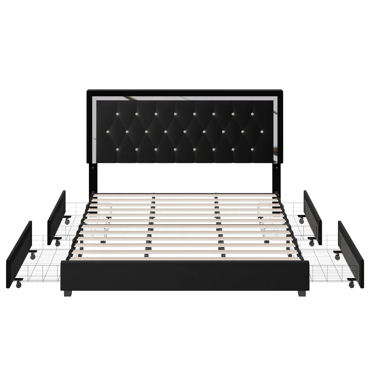 King Size Storage Bed with 4 Drawers, Black Upholstered Platform Bed Frame with Adjustable Headboard W768509