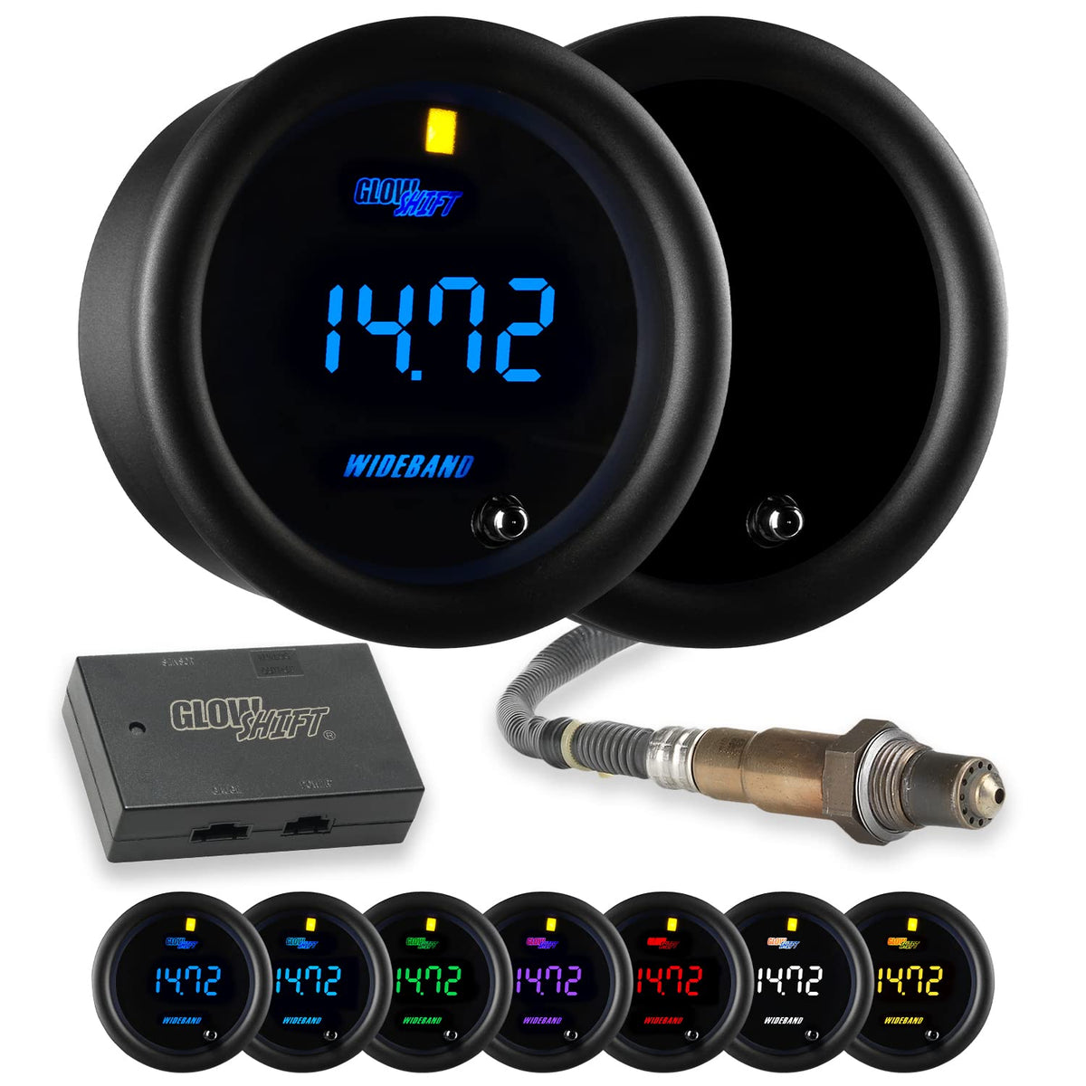 Tinted 7 Color Digital Wideband Air / Fuel Ratio AFR Gauge Kit with Oxygen Sensor, Data Logging Output & Weld-in Bung, Smoked Lens, Multi-Color LED Display, 2-1/16" 52mm W437552